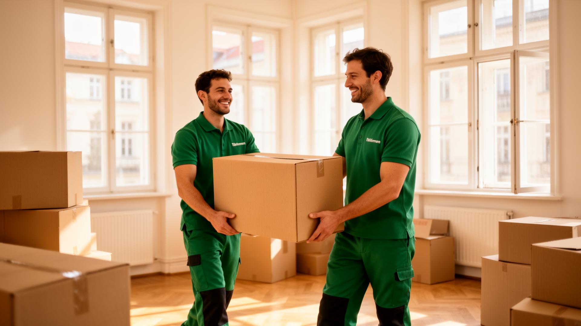Zwei Entrümpelungs-Profis tragen Kartons aus einer Berliner Altbauwohnung